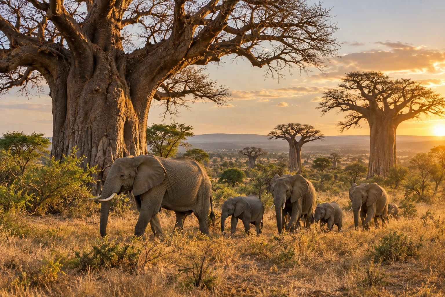 Elephants beneath baobab trees