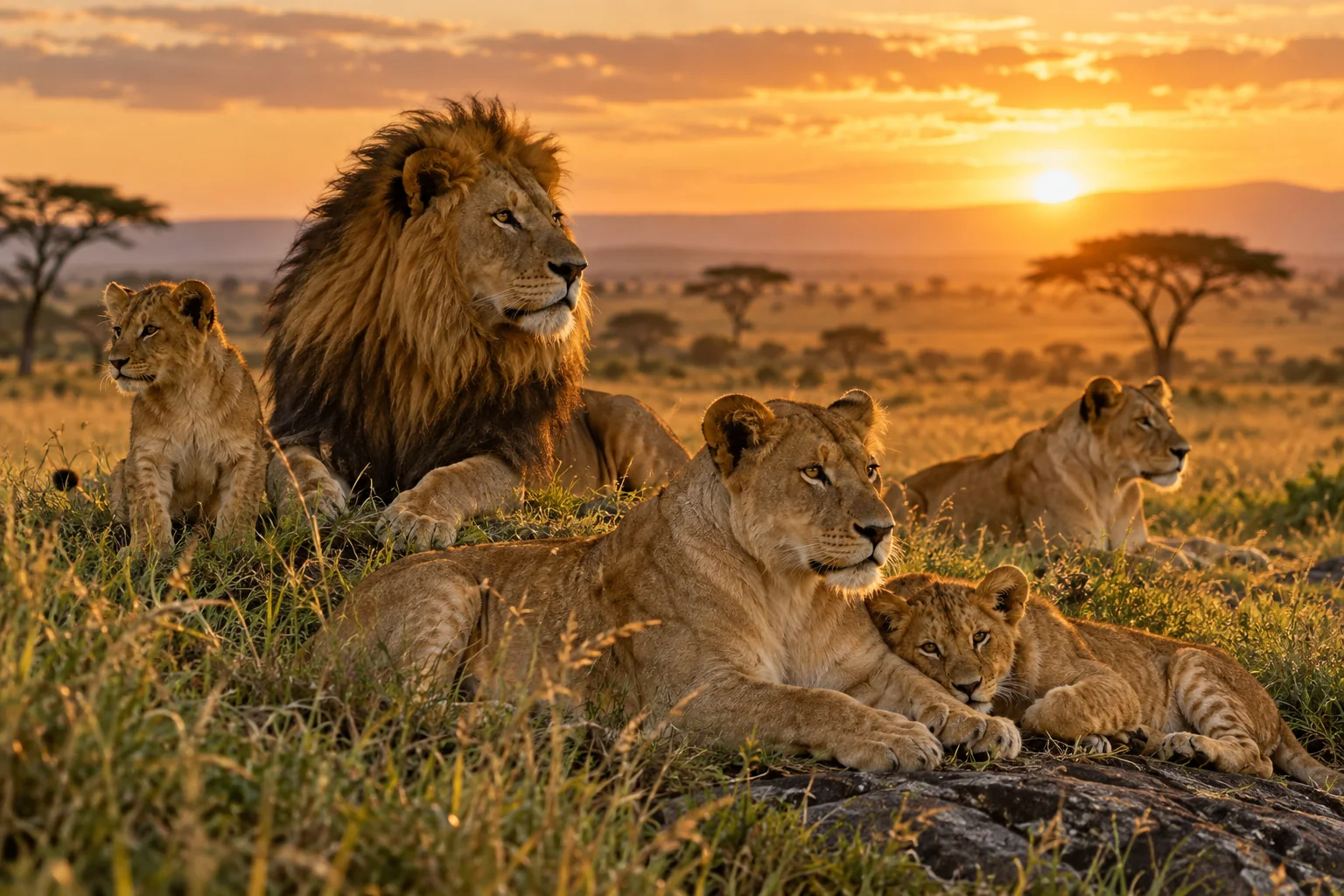 Lions in a golden savannah