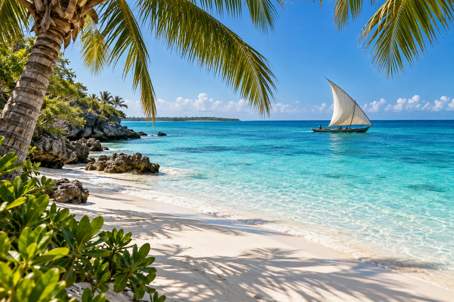 Zanzibar beach with a dhow